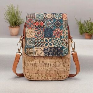 Dual zipper cork cell phone crossbody
